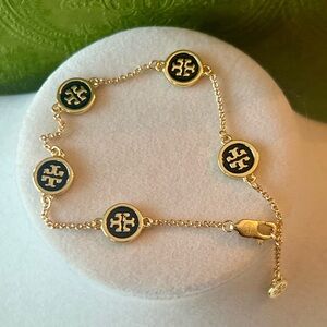 Tory Burch Gold and Black logo Chain Bracelet
